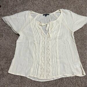 American Eagle Bohemian White Cap Sleeve Lace Detail Lightweight Flowy Top Sz S